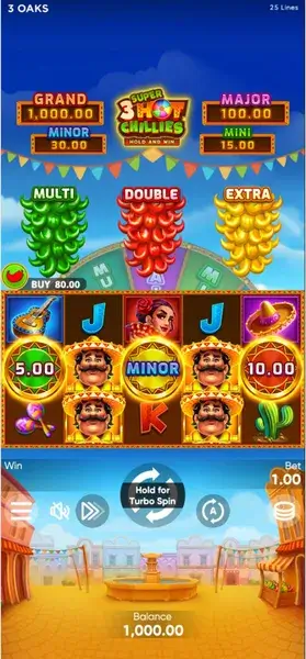 Hot Chillies Slot in portrait mode on a mobile screen with spin button at the bottom