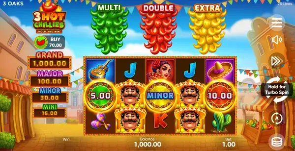 Main game screen of Hot Chillies Slot with reels and chilli banners at the top