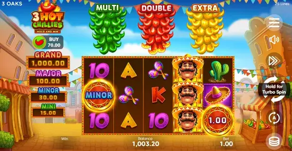 Hot Chillies demo game with play balance and main control panel