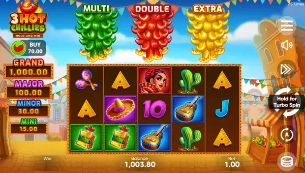 Hot Chillies Slot control panel with spin, stake and auto play buttons