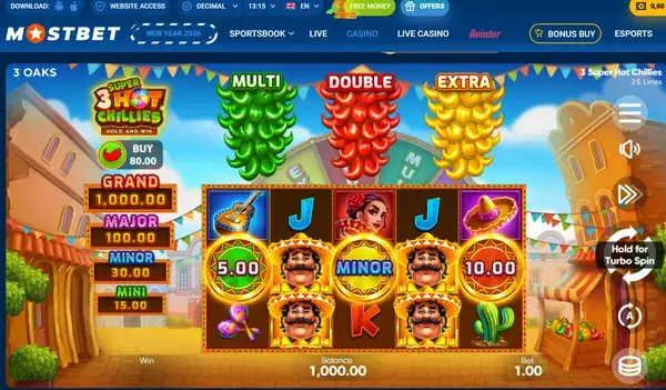 Hot Chillies Slot in MostBet Casino with real balance and bet panel